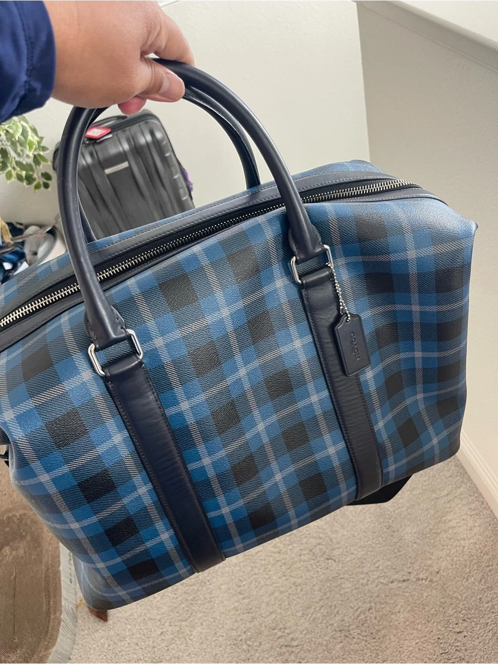 Coach Voyager Blue Plaid Men’s Duffel Bag coated canvas with leather trims